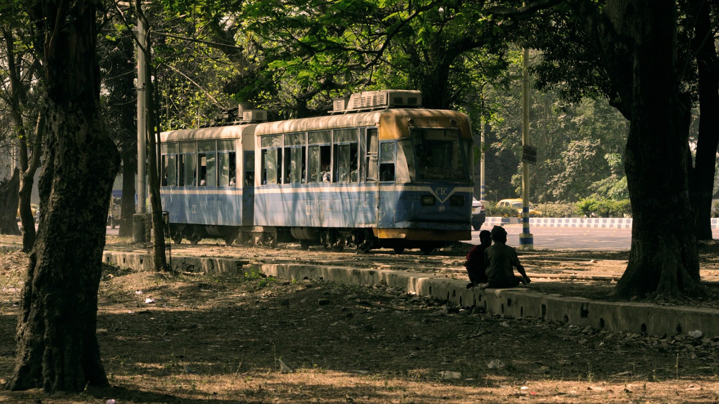 A white and blue city tram is driving between green trees. The sun is shining. Two people are sitting on the ground, watching the tram.